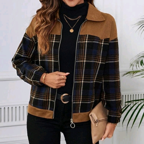 Jackets & Blazers - Women's Plaid Long Sleeve Zip Front Casual Jacket, Autumn/Winter